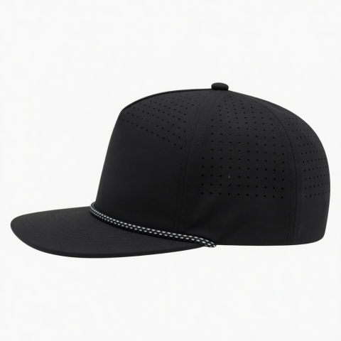 Waterproof 5 Panel Black Golf Hat Perforated Snapback Baseball Cap Rope Hat Water Proof