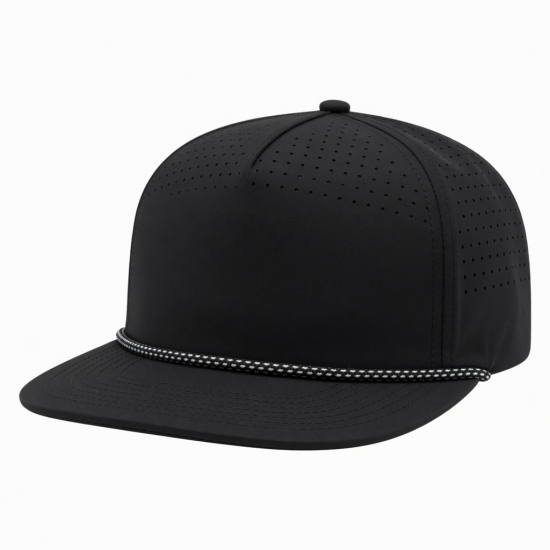 Waterproof 5 Panel Black Golf Hat Perforated Snapback Baseball Cap Rope Hat Water Proof